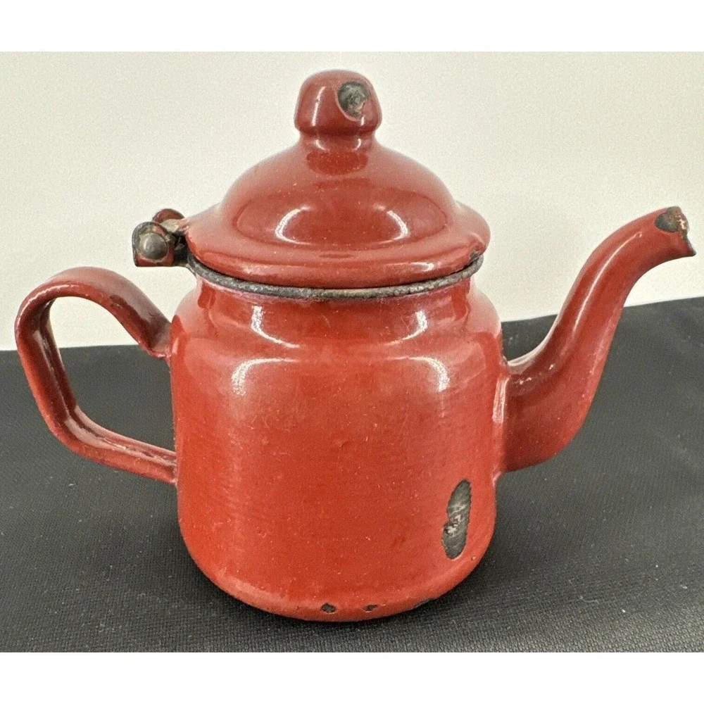 Teapot Burgundy Enamel Metal Farmhouse Decor 4.5
